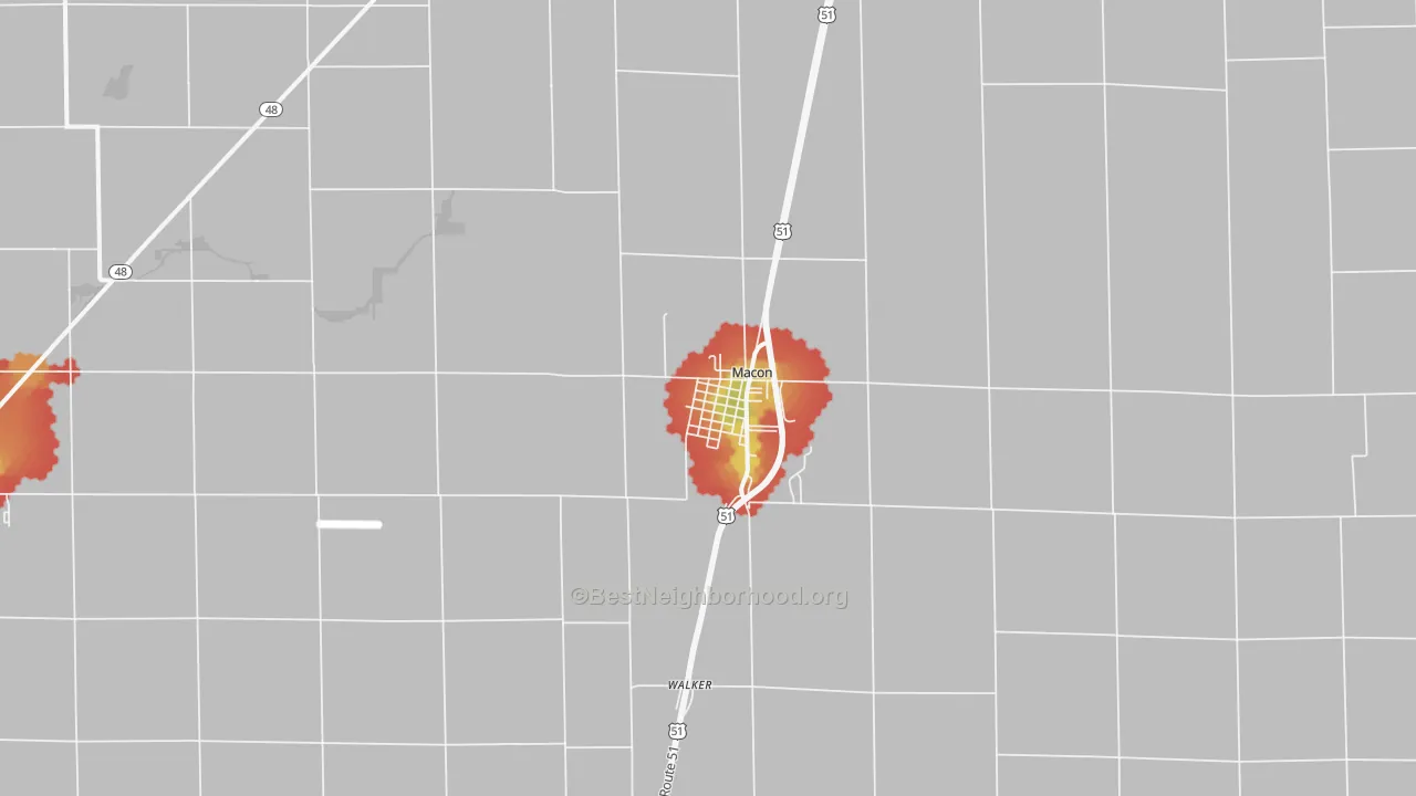 Walk Grade map of Macon, IL, walkable areas in green and car-dependent areas in red