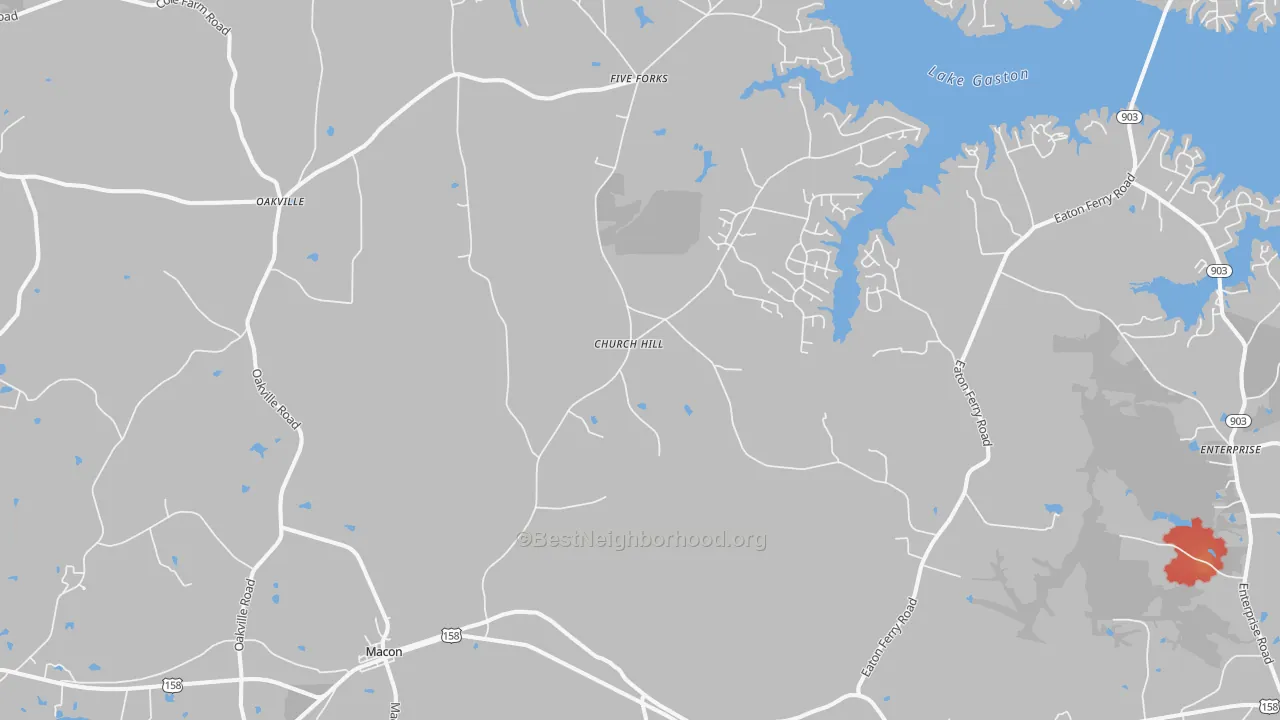 Walk Grade map of Macon, NC, walkable areas in green and car-dependent areas in red