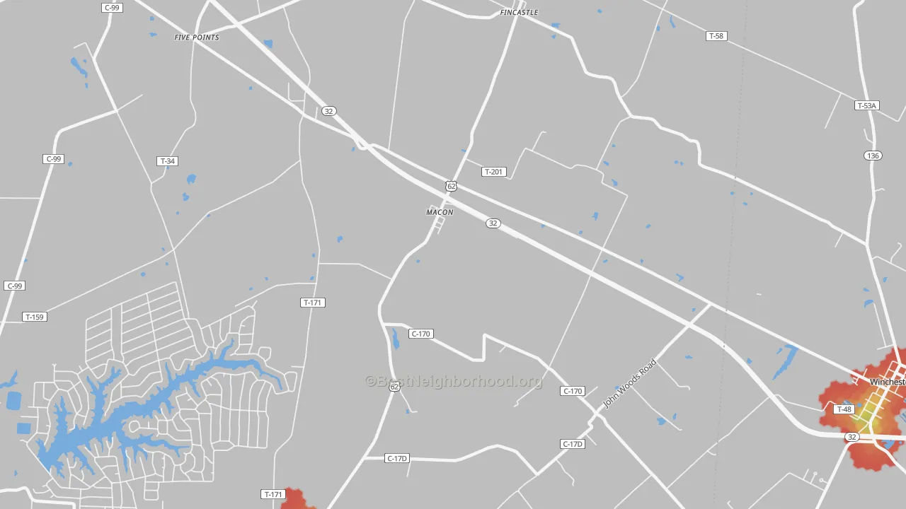 Walk Grade map of Macon, OH, walkable areas in green and car-dependent areas in red