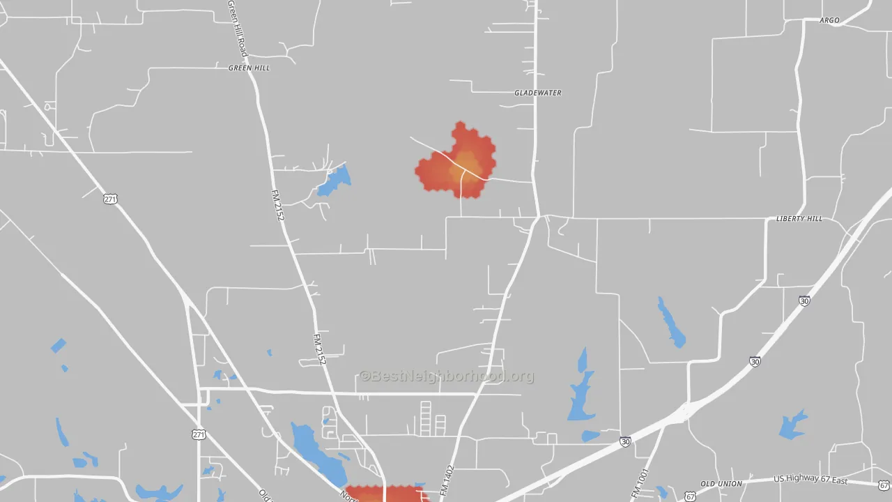 Walk Grade map of Macon, TX, walkable areas in green and car-dependent areas in red