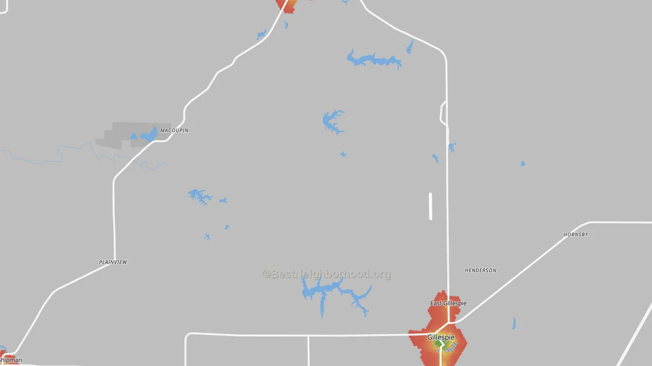 Walk Grade map of Macoupin County, IL, walkable areas in green and car-dependent areas in red