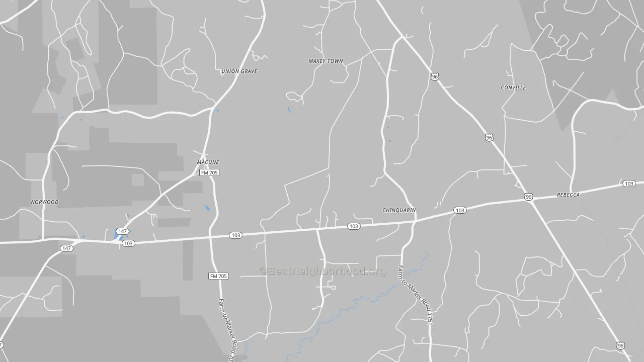 Walk Grade map of Macune, TX, walkable areas in green and car-dependent areas in red