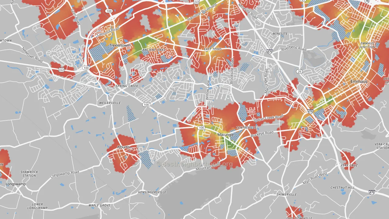 Walk Grade map of Macungie, PA, walkable areas in green and car-dependent areas in red