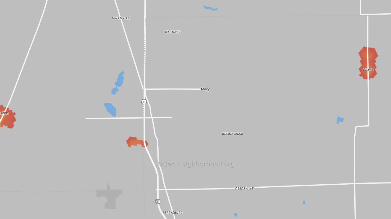 Walk Grade map of Macy, IN, walkable areas in green and car-dependent areas in red