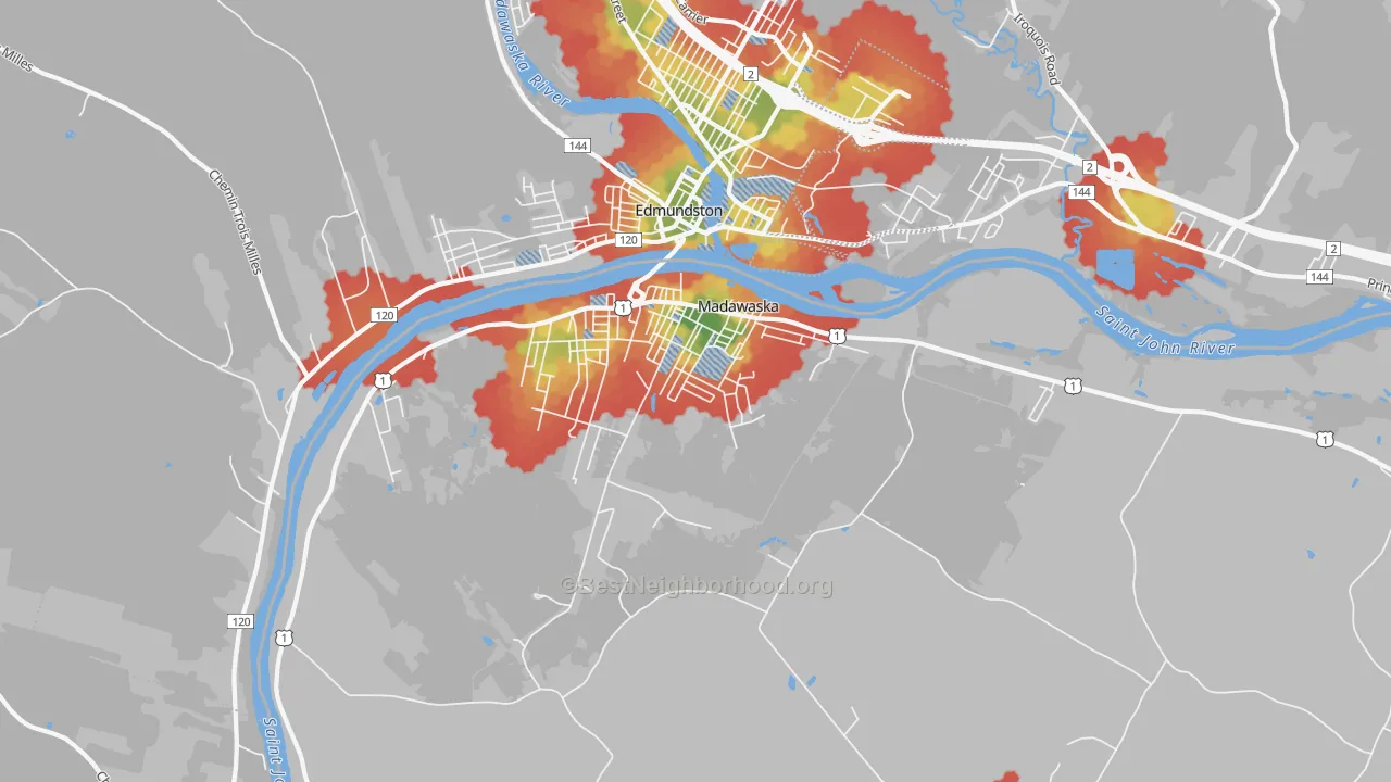 Walk Grade map of Madawaska, ME, walkable areas in green and car-dependent areas in red