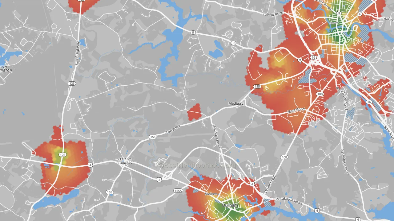 Walk Grade map of Madbury, NH, walkable areas in green and car-dependent areas in red