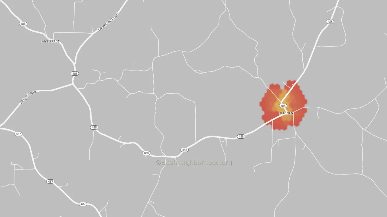 Walk Grade map of Madden, MS, walkable areas in green and car-dependent areas in red