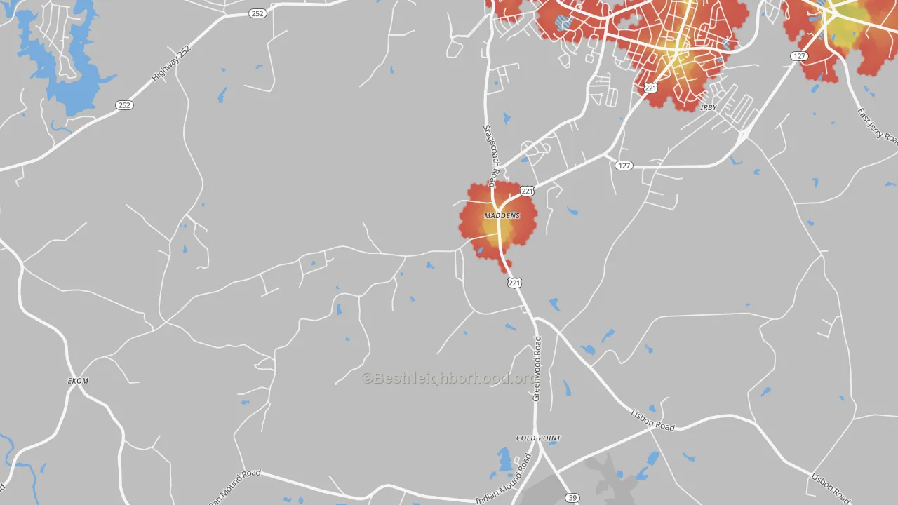 Walk Grade map of Maddens, SC, walkable areas in green and car-dependent areas in red