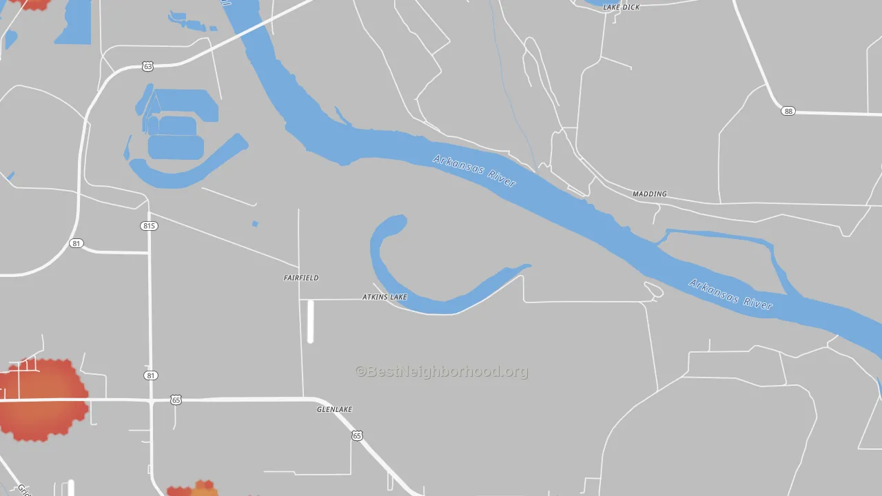 Walk Grade map of Madding, AR, walkable areas in green and car-dependent areas in red