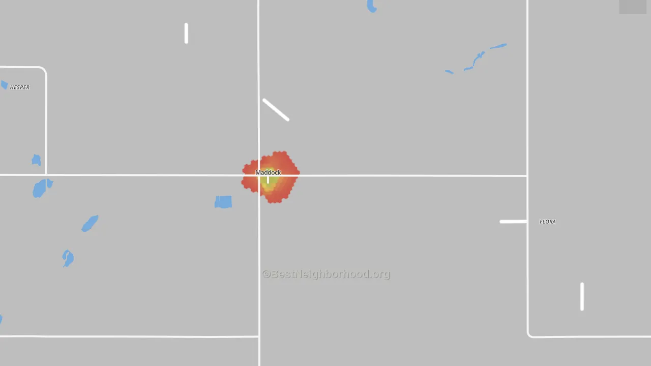 Walk Grade map of Maddock, ND, walkable areas in green and car-dependent areas in red