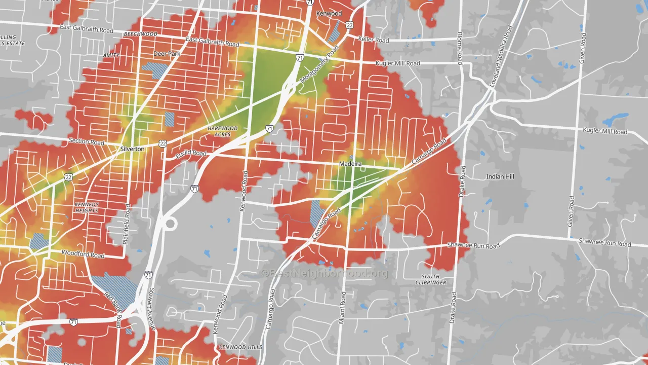 Walk Grade map of Madeira, OH, walkable areas in green and car-dependent areas in red