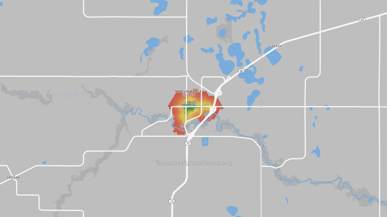 Walk Grade map of Madelia, MN, walkable areas in green and car-dependent areas in red