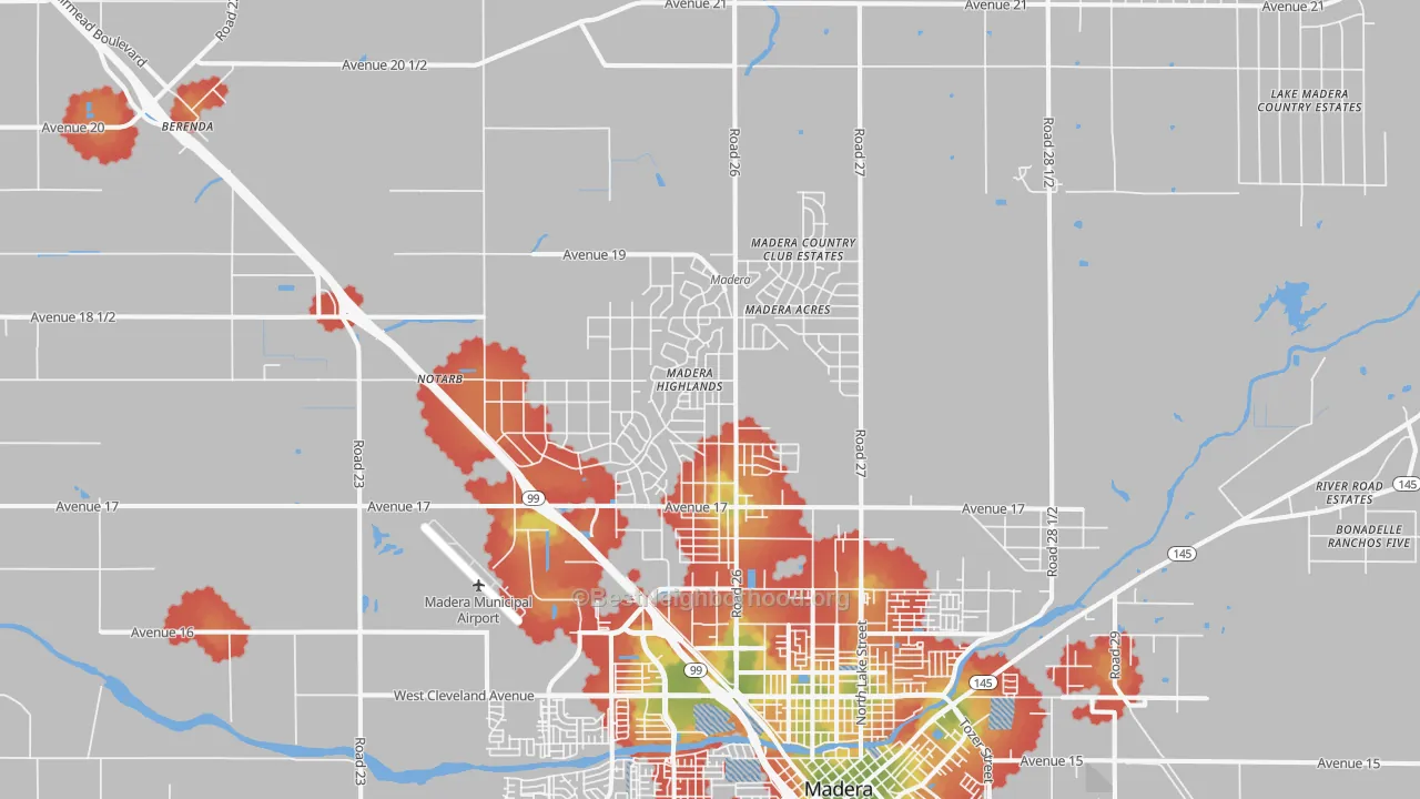 Walk Grade map of Madera Acres, CA, walkable areas in green and car-dependent areas in red