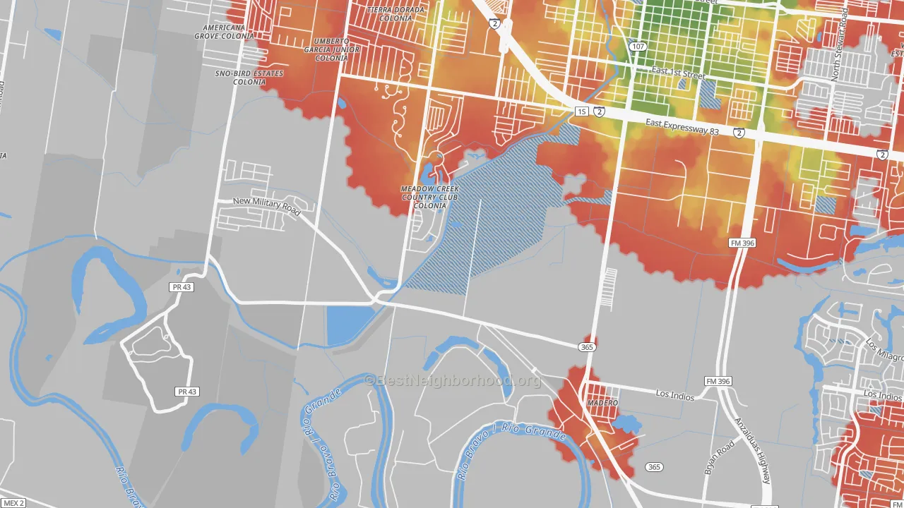 Walk Grade map of Madero, TX, walkable areas in green and car-dependent areas in red