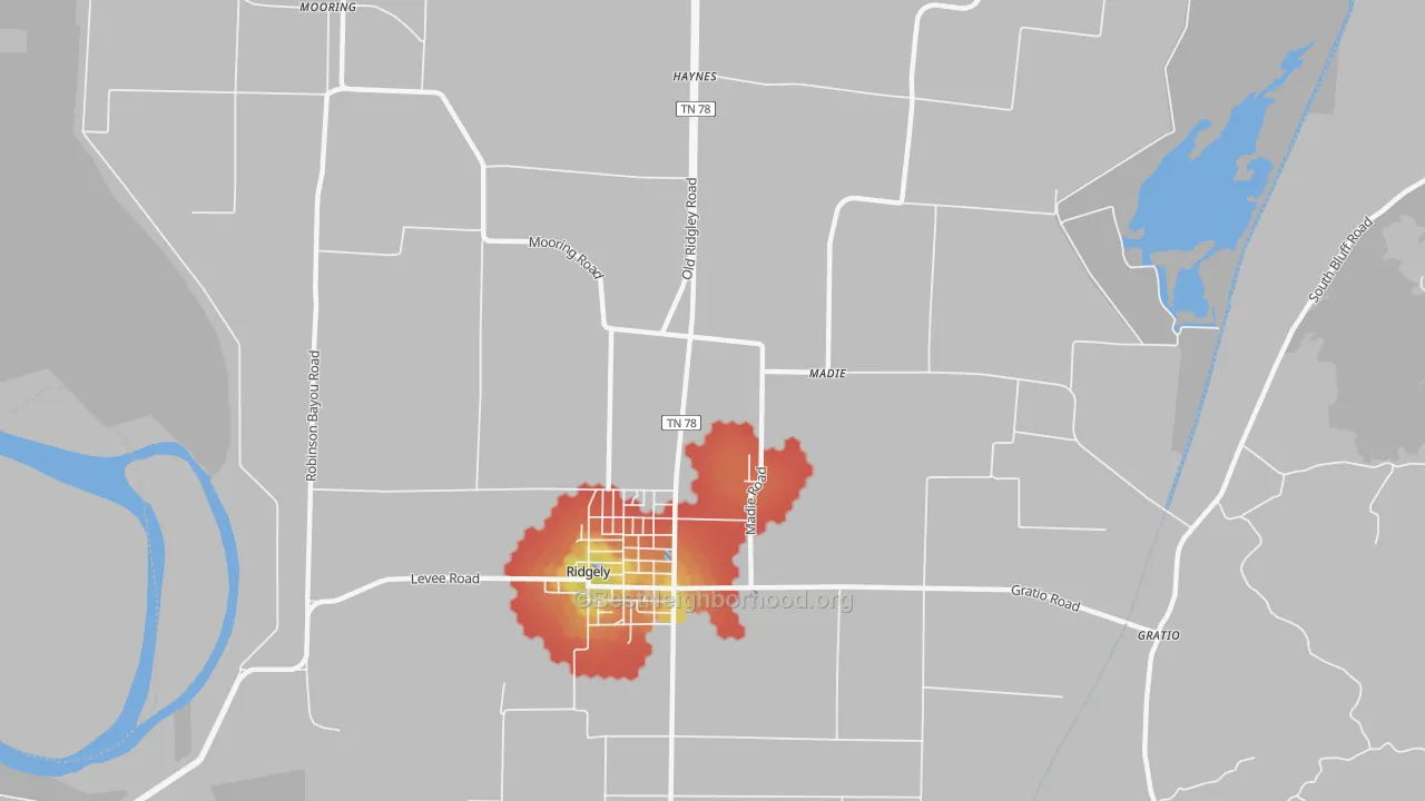 Walk Grade map of Madie, TN, walkable areas in green and car-dependent areas in red