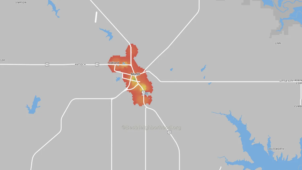 Walk Grade map of Madill, OK, walkable areas in green and car-dependent areas in red