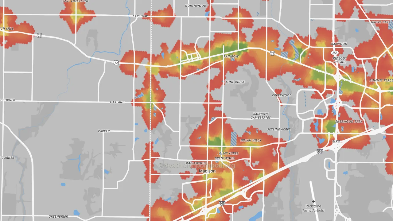 Walk Grade map of Madison, AL, walkable areas in green and car-dependent areas in red