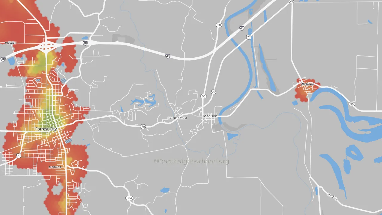 Walk Grade map of Madison, AR, walkable areas in green and car-dependent areas in red