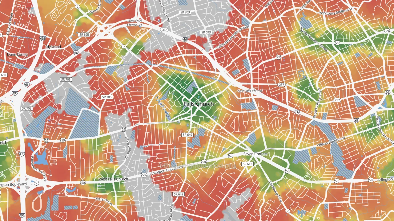 Walk Grade map of Madison Condominium, Falls Church, VA, walkable areas in green and car-dependent areas in red