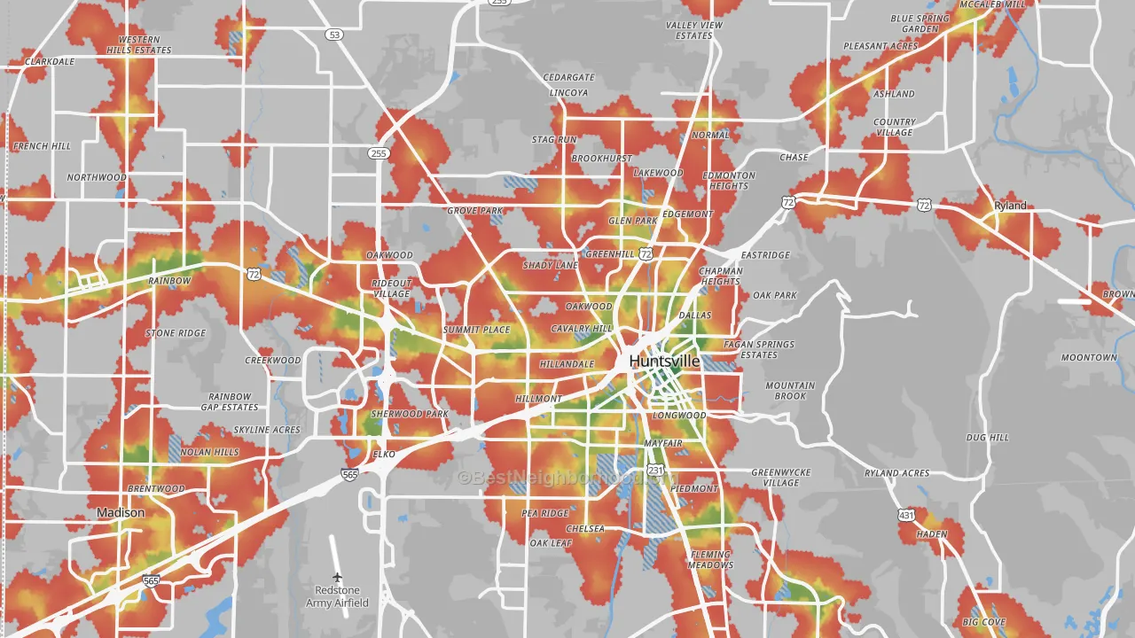 Walk Grade map of Madison County, AL, walkable areas in green and car-dependent areas in red