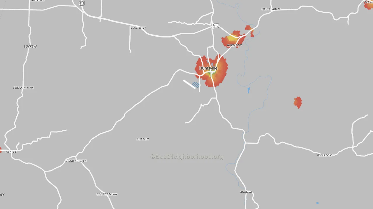 Walk Grade map of Madison County, AR, walkable areas in green and car-dependent areas in red