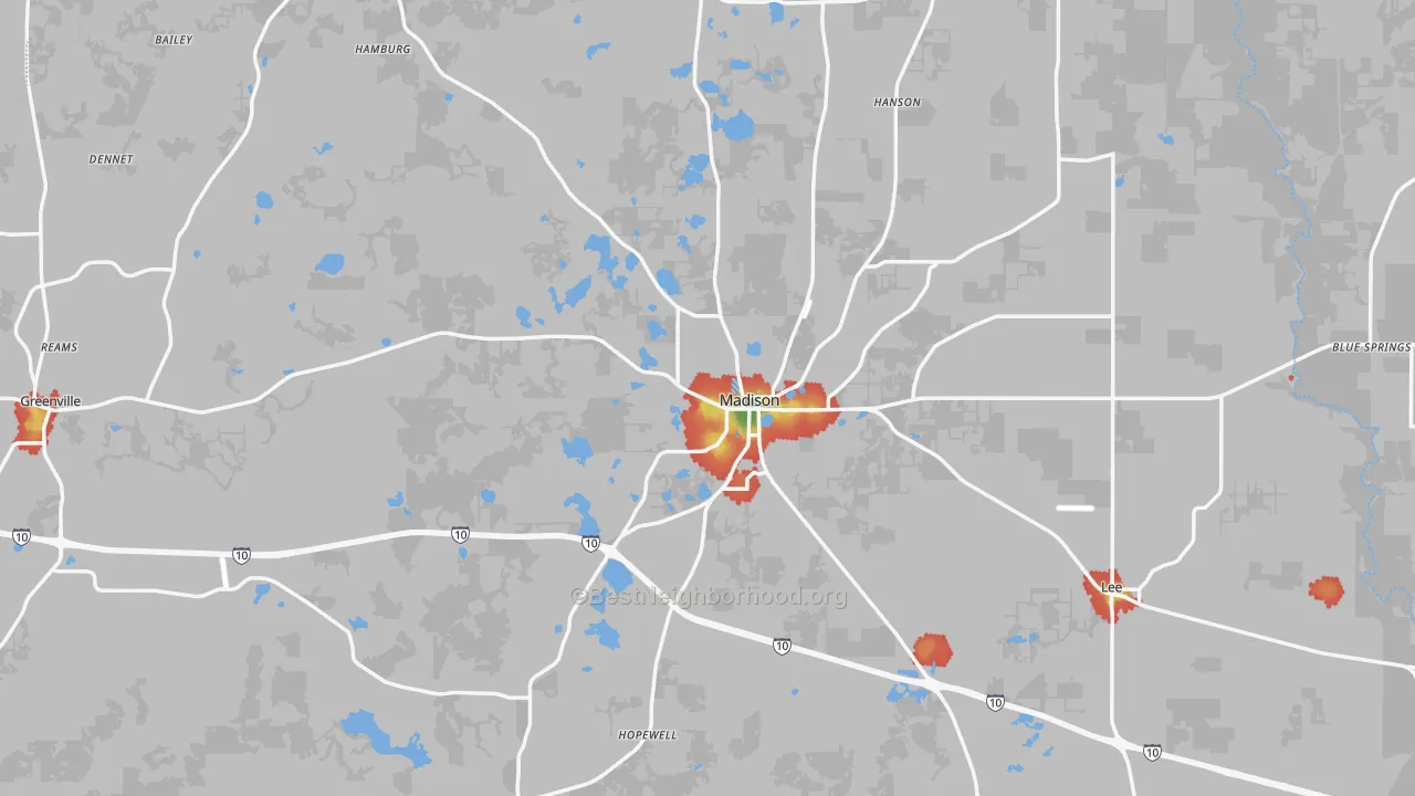 Walk Grade map of Madison County, FL, walkable areas in green and car-dependent areas in red
