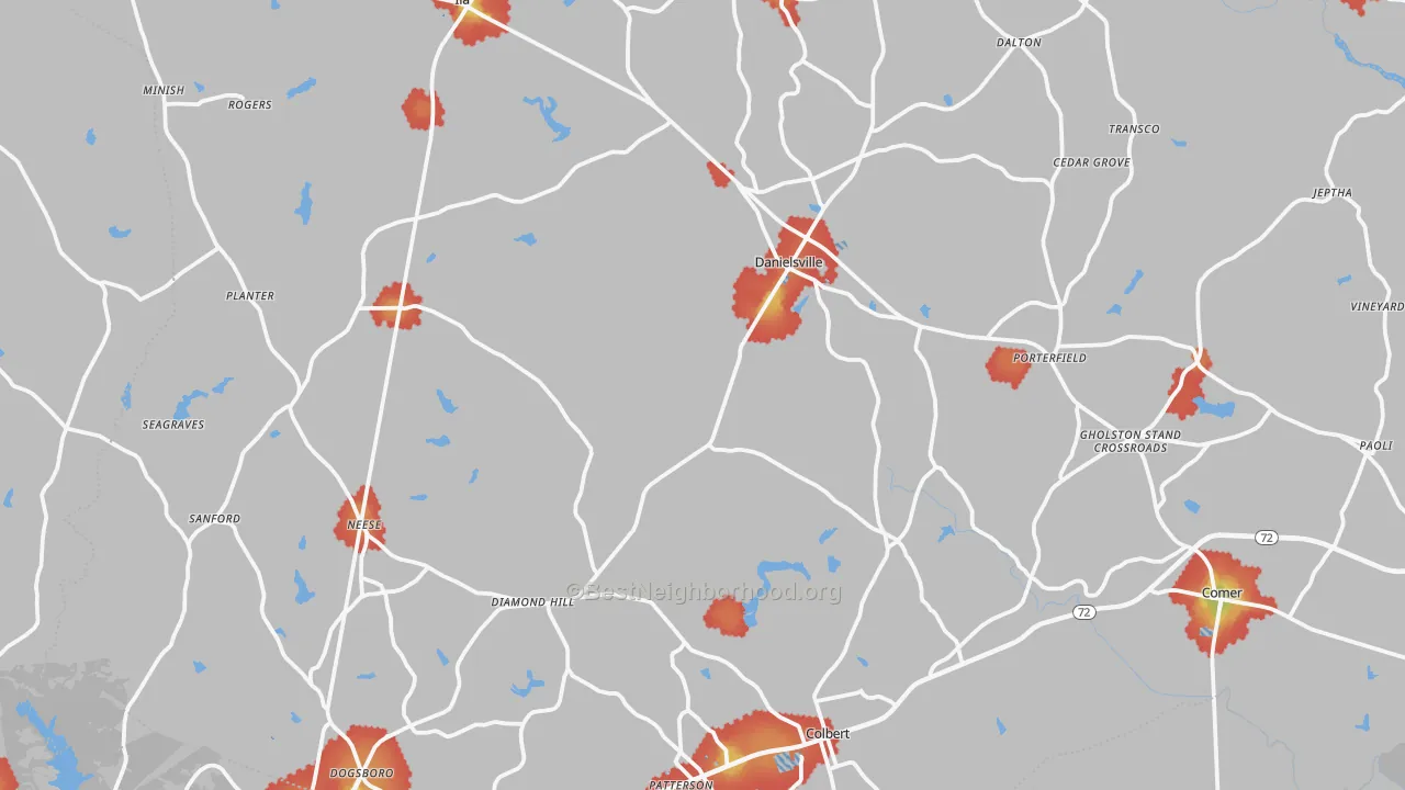 Walk Grade map of Madison County, GA, walkable areas in green and car-dependent areas in red
