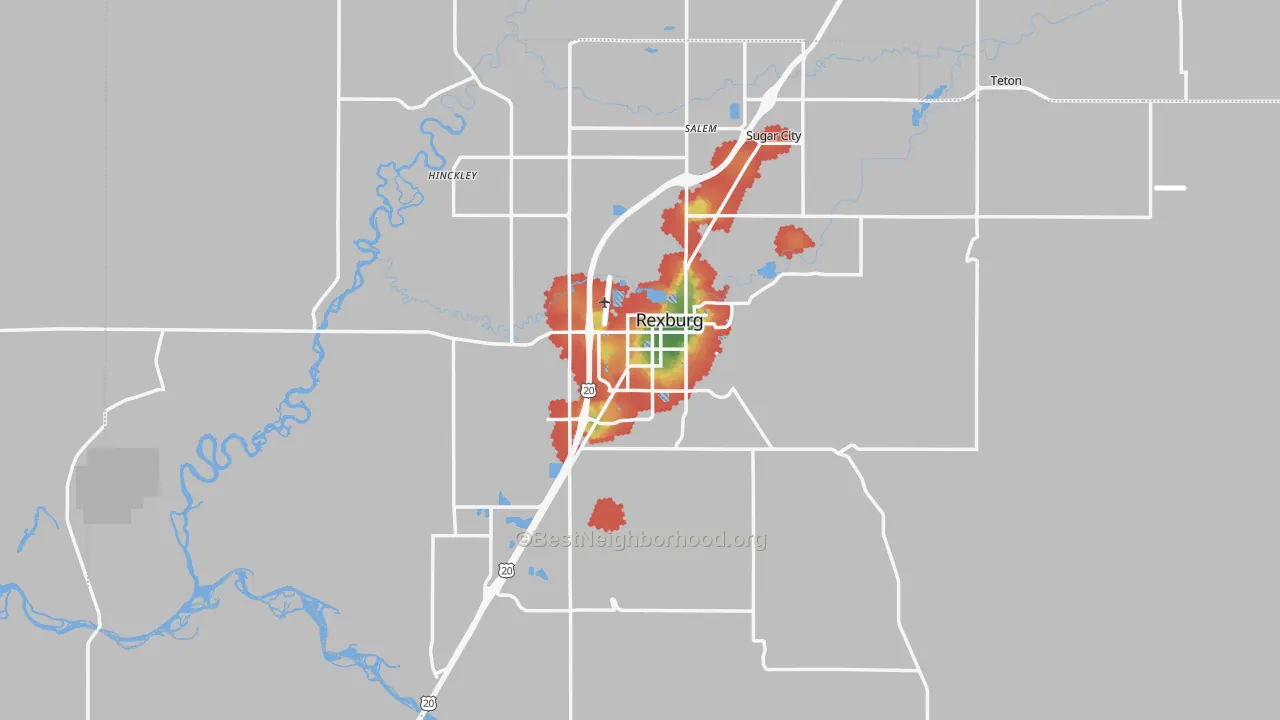 Walk Grade map of Madison County, ID, walkable areas in green and car-dependent areas in red