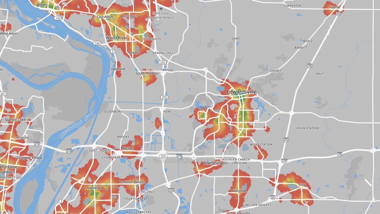 Walk Grade map of Madison County, IL, walkable areas in green and car-dependent areas in red