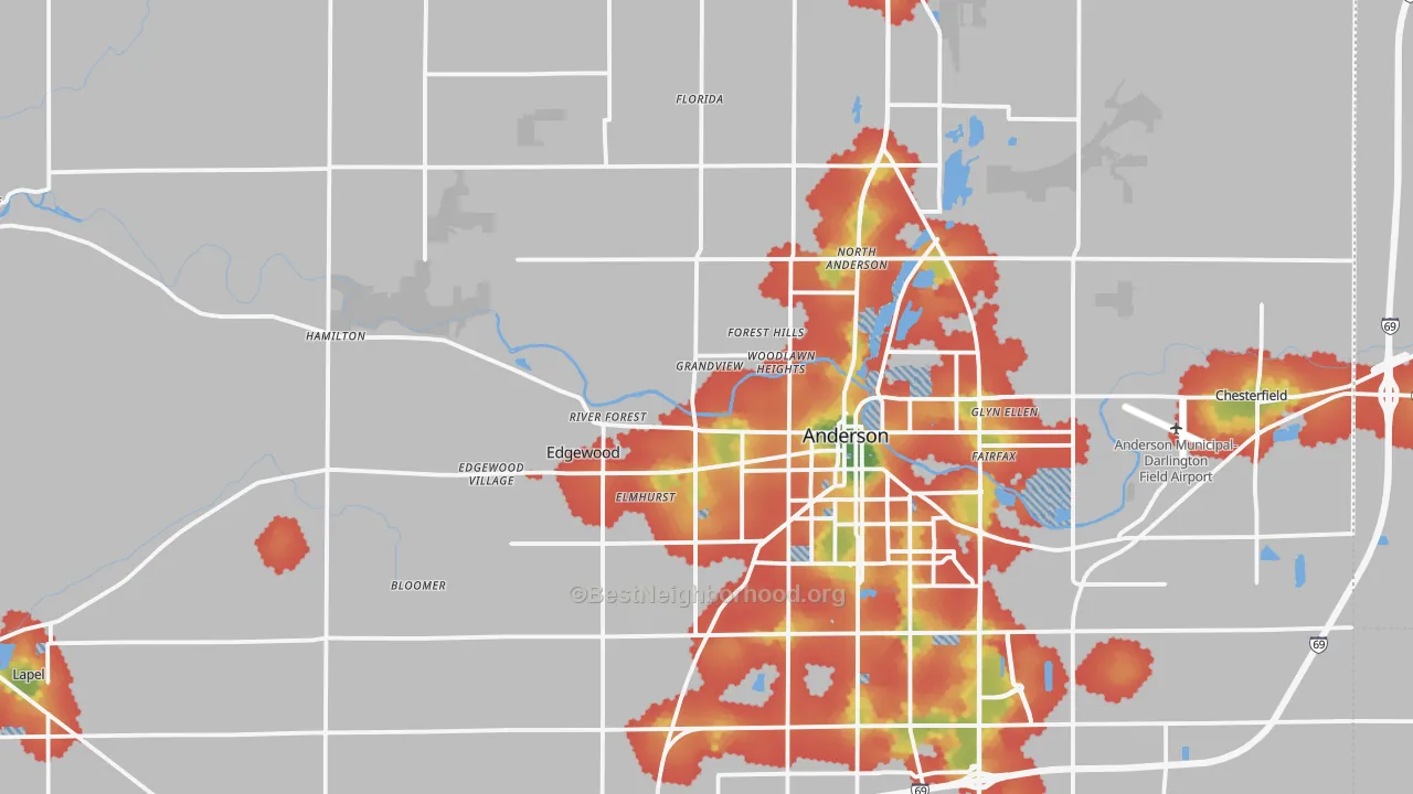 Walk Grade map of Madison County, IN, walkable areas in green and car-dependent areas in red