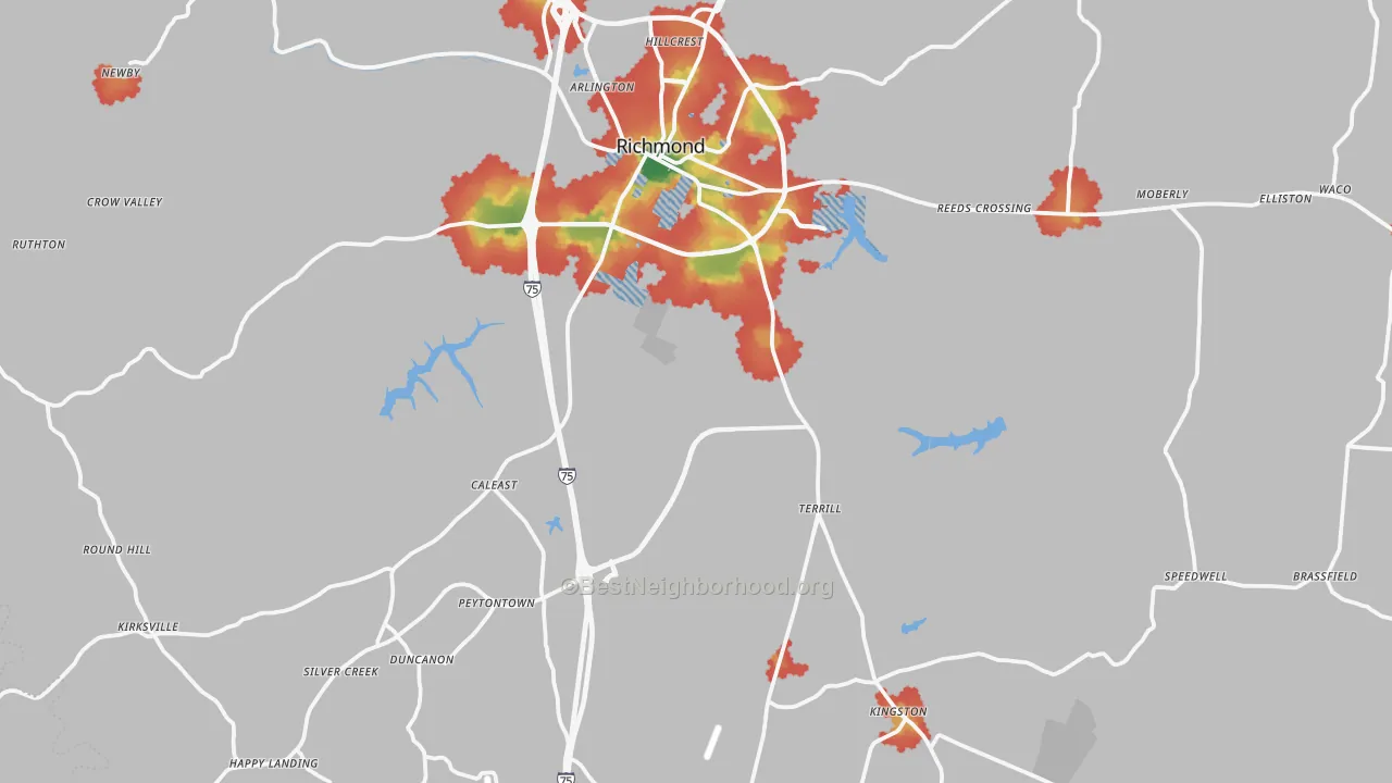 Walk Grade map of Madison County, KY, walkable areas in green and car-dependent areas in red