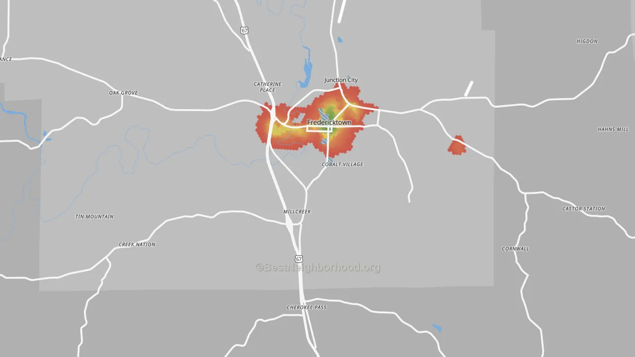 Walk Grade map of Madison County, MO, walkable areas in green and car-dependent areas in red