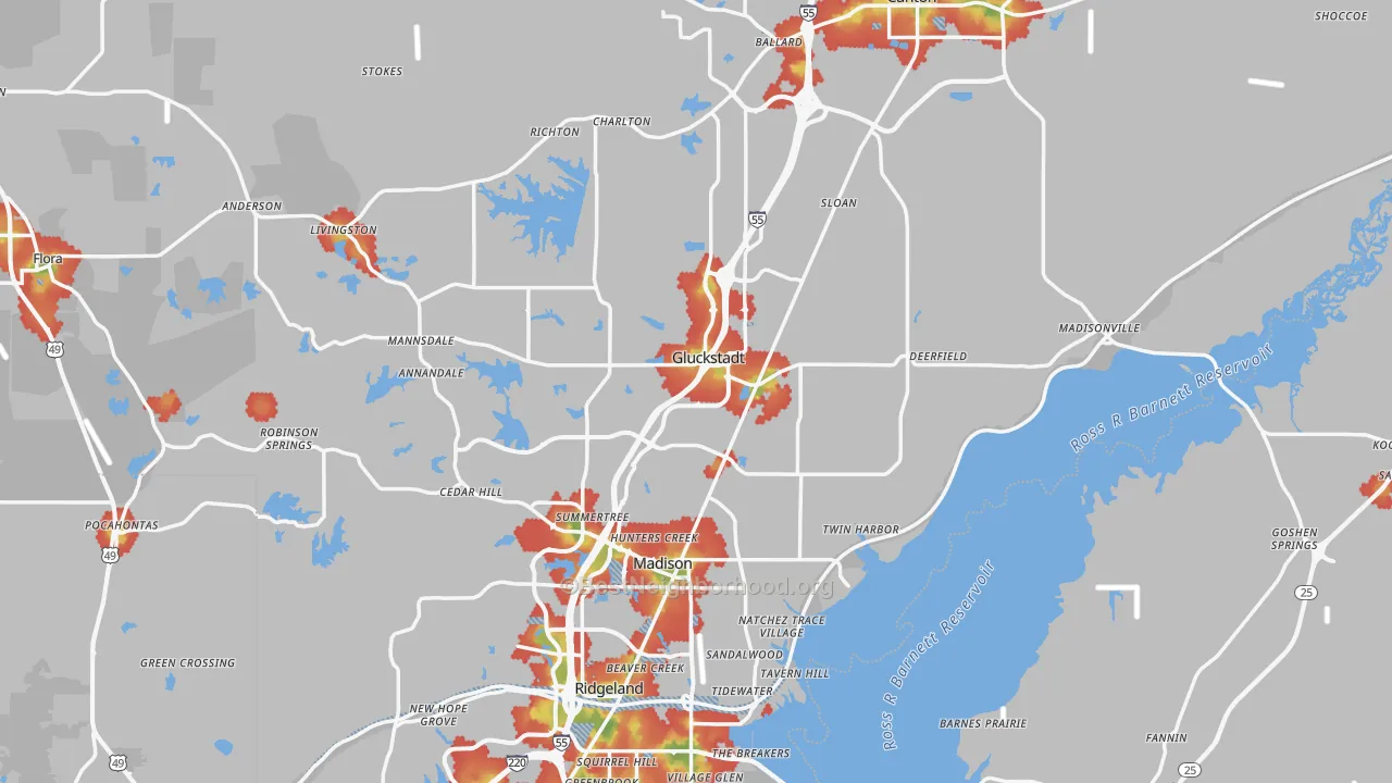 Walk Grade map of Madison County, MS, walkable areas in green and car-dependent areas in red