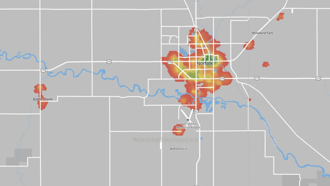 Walk Grade map of Madison County, NE, walkable areas in green and car-dependent areas in red