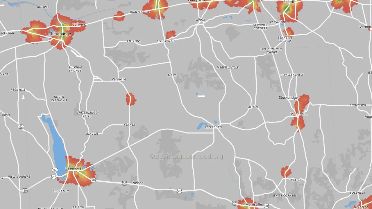 Walk Grade map of Madison County, NY, walkable areas in green and car-dependent areas in red