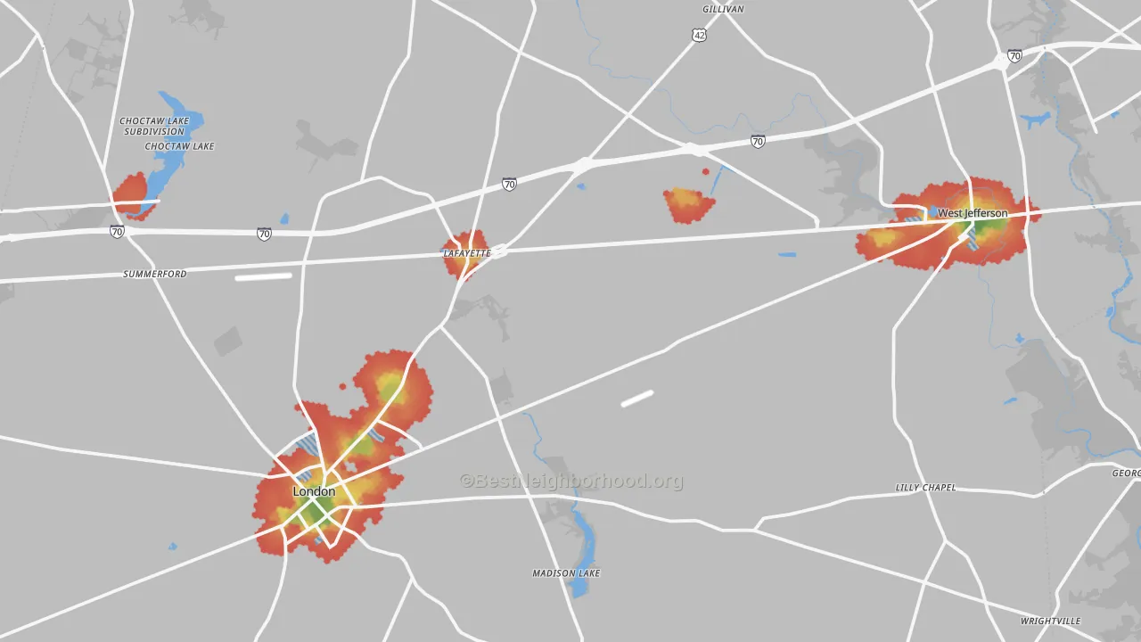 Walk Grade map of Madison County, OH, walkable areas in green and car-dependent areas in red