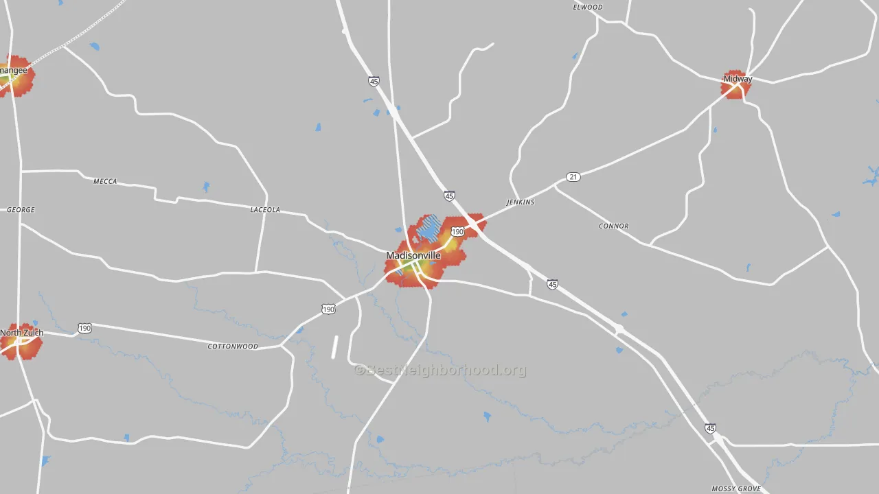 Walk Grade map of Madison County, TX, walkable areas in green and car-dependent areas in red