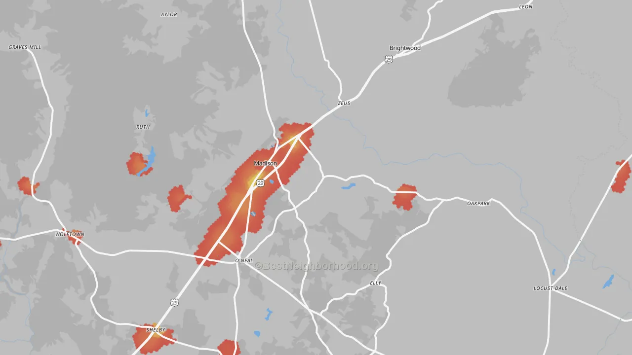 Walk Grade map of Madison County, VA, walkable areas in green and car-dependent areas in red