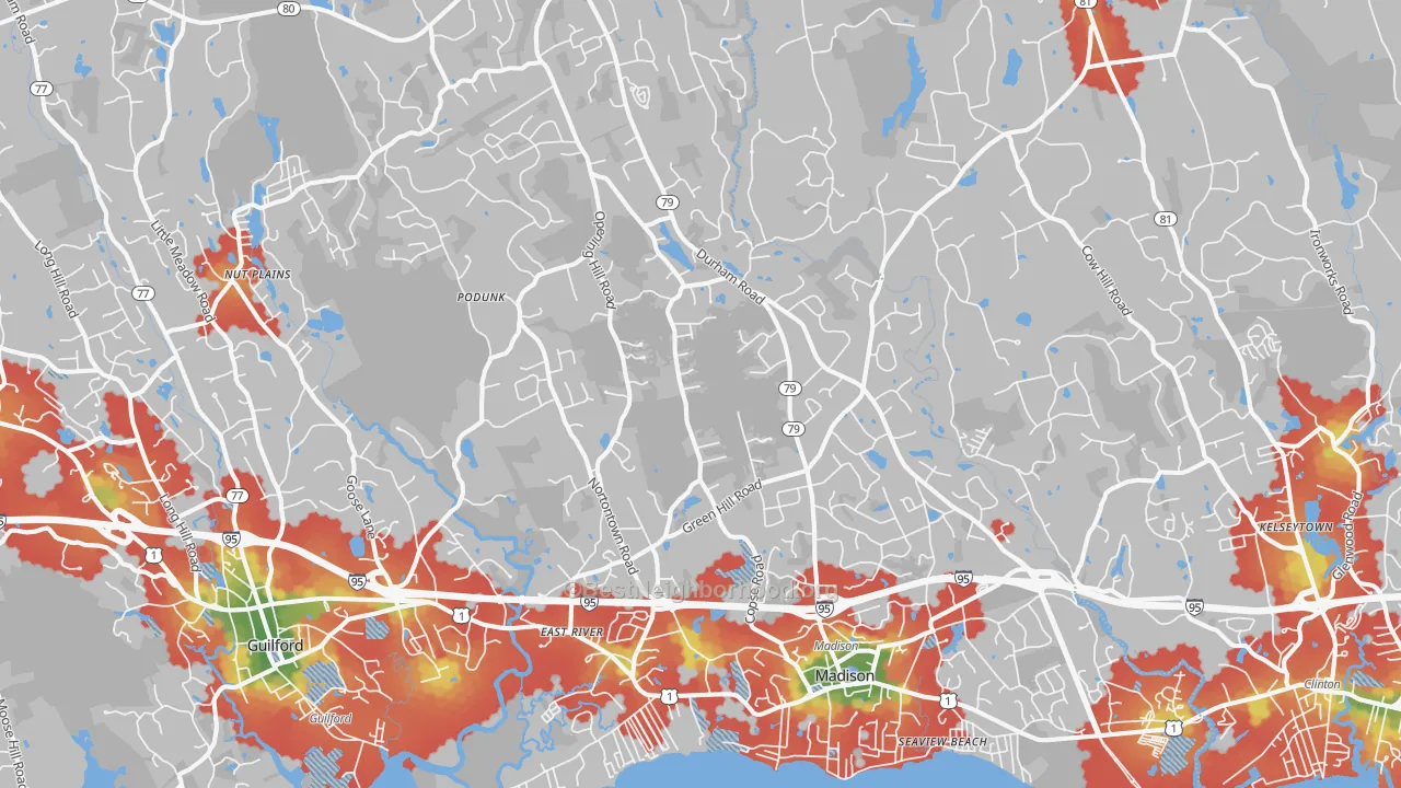Walk Grade map of Madison, CT, walkable areas in green and car-dependent areas in red