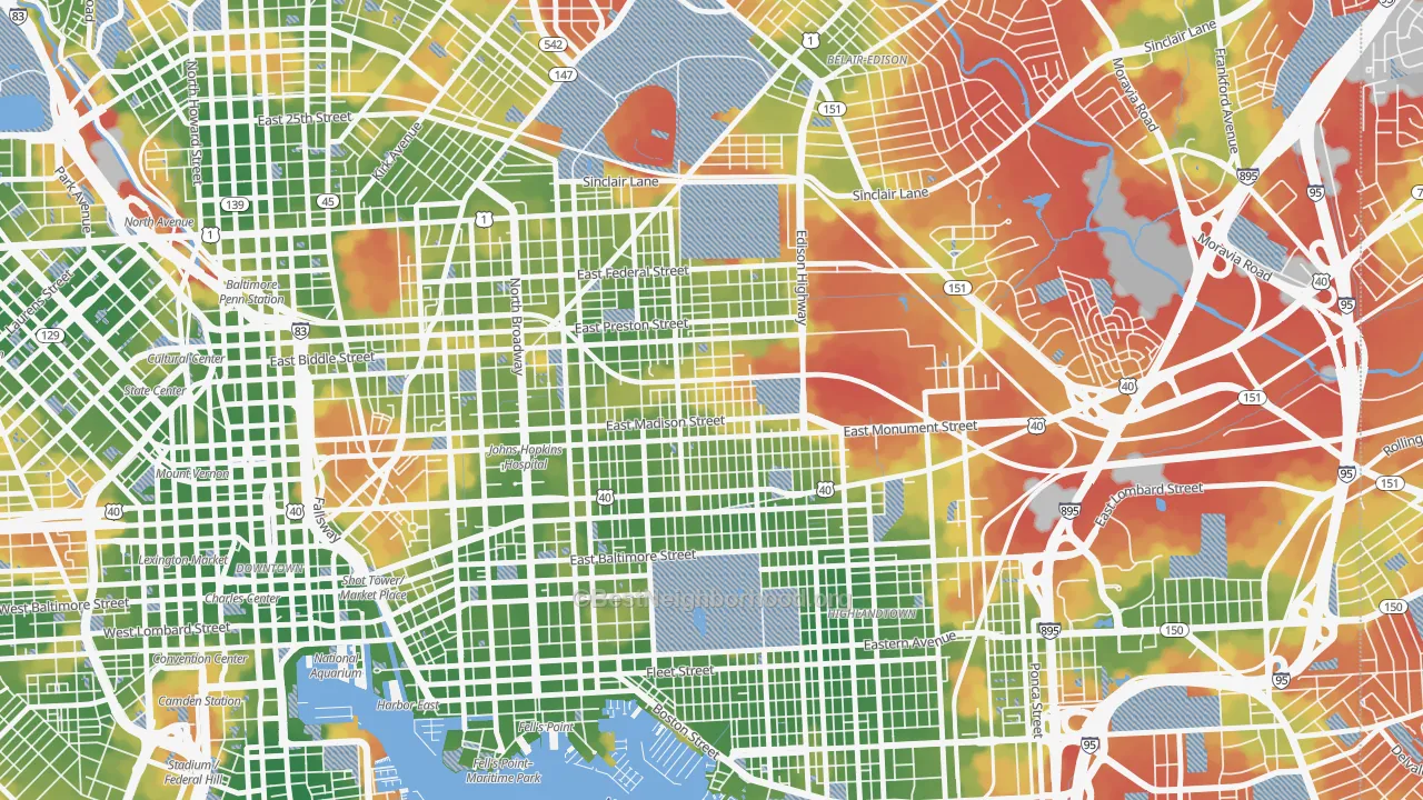Walk Grade map of Madison-Eastend, Baltimore, MD, walkable areas in green and car-dependent areas in red