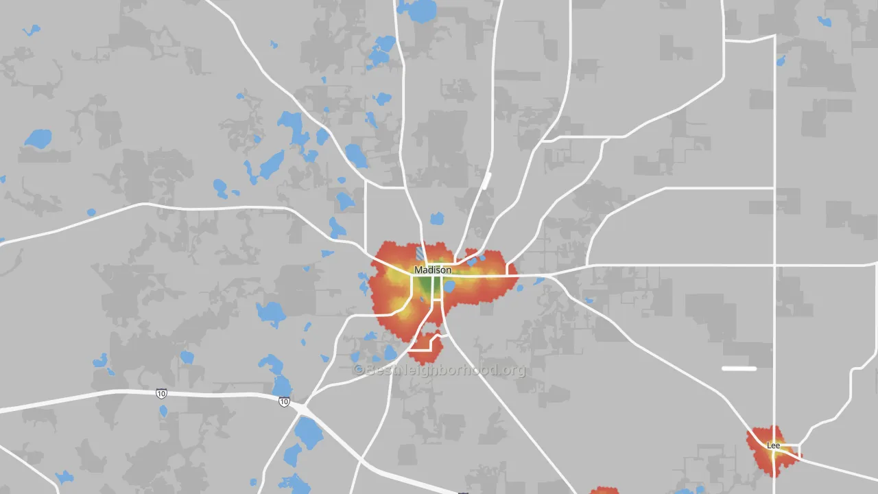 Walk Grade map of Madison, FL, walkable areas in green and car-dependent areas in red