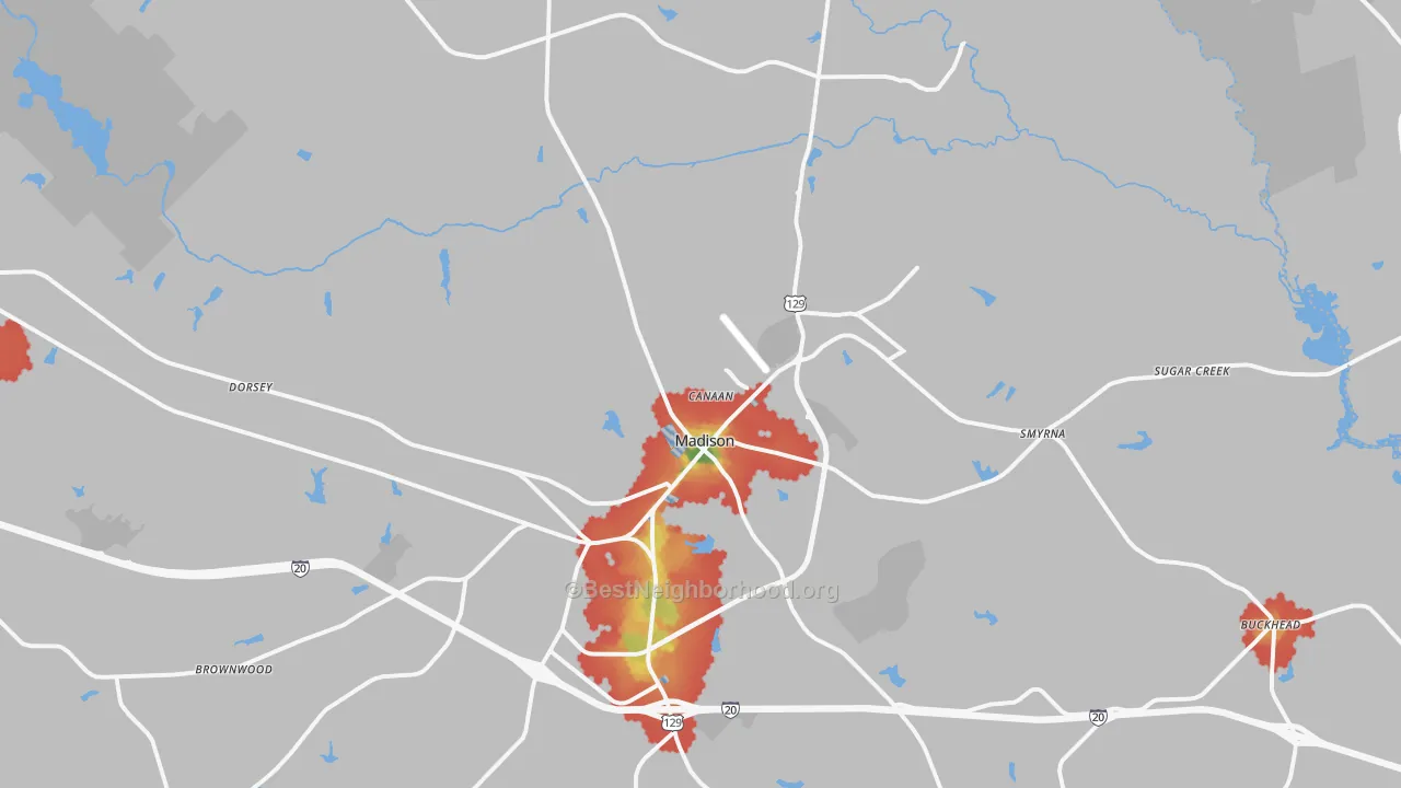 Walk Grade map of Madison, GA, walkable areas in green and car-dependent areas in red