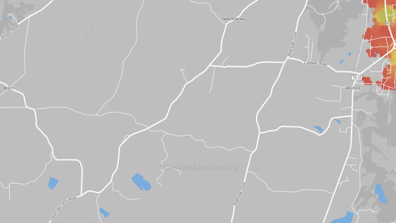 Walk Grade map of Madison Hall, TN, walkable areas in green and car-dependent areas in red
