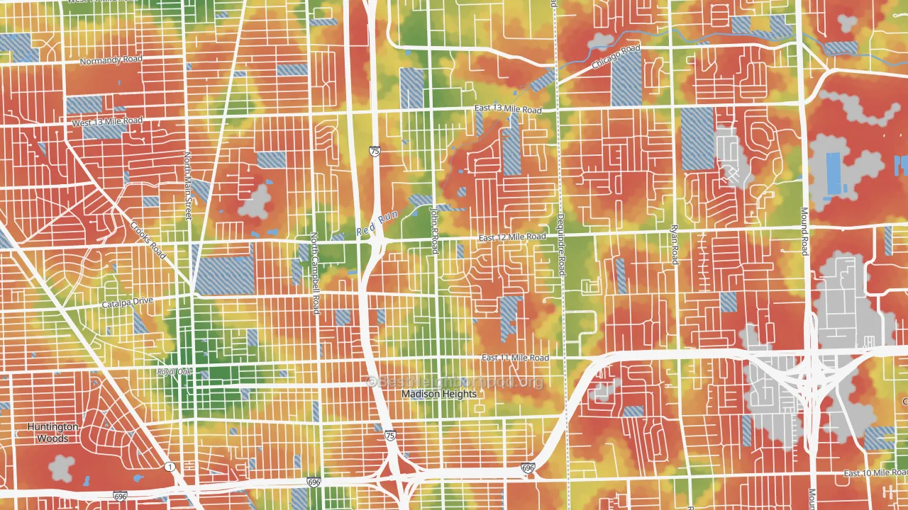 Walk Grade map of Madison Heights, MI, walkable areas in green and car-dependent areas in red
