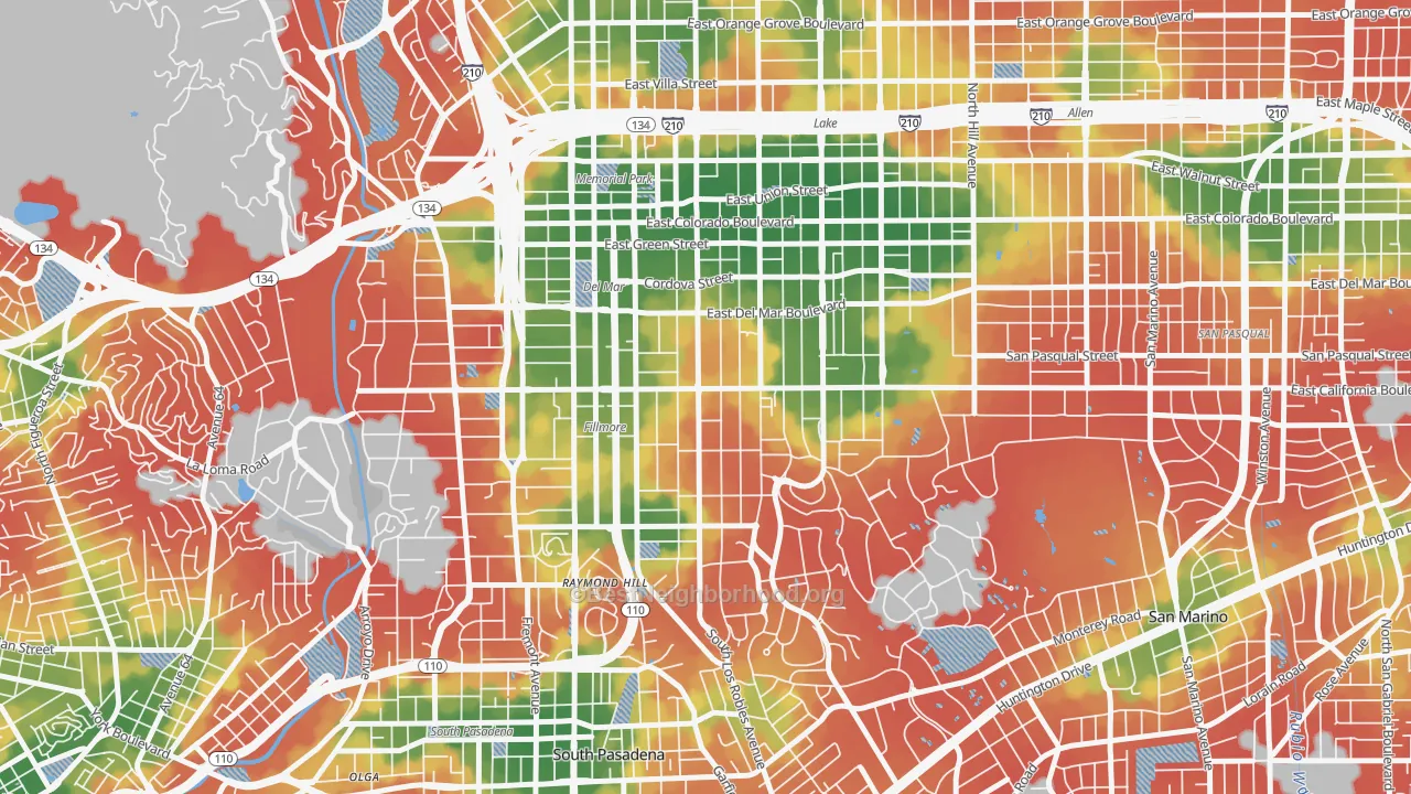 Walk Grade map of Madison Heights, Pasadena, CA, walkable areas in green and car-dependent areas in red