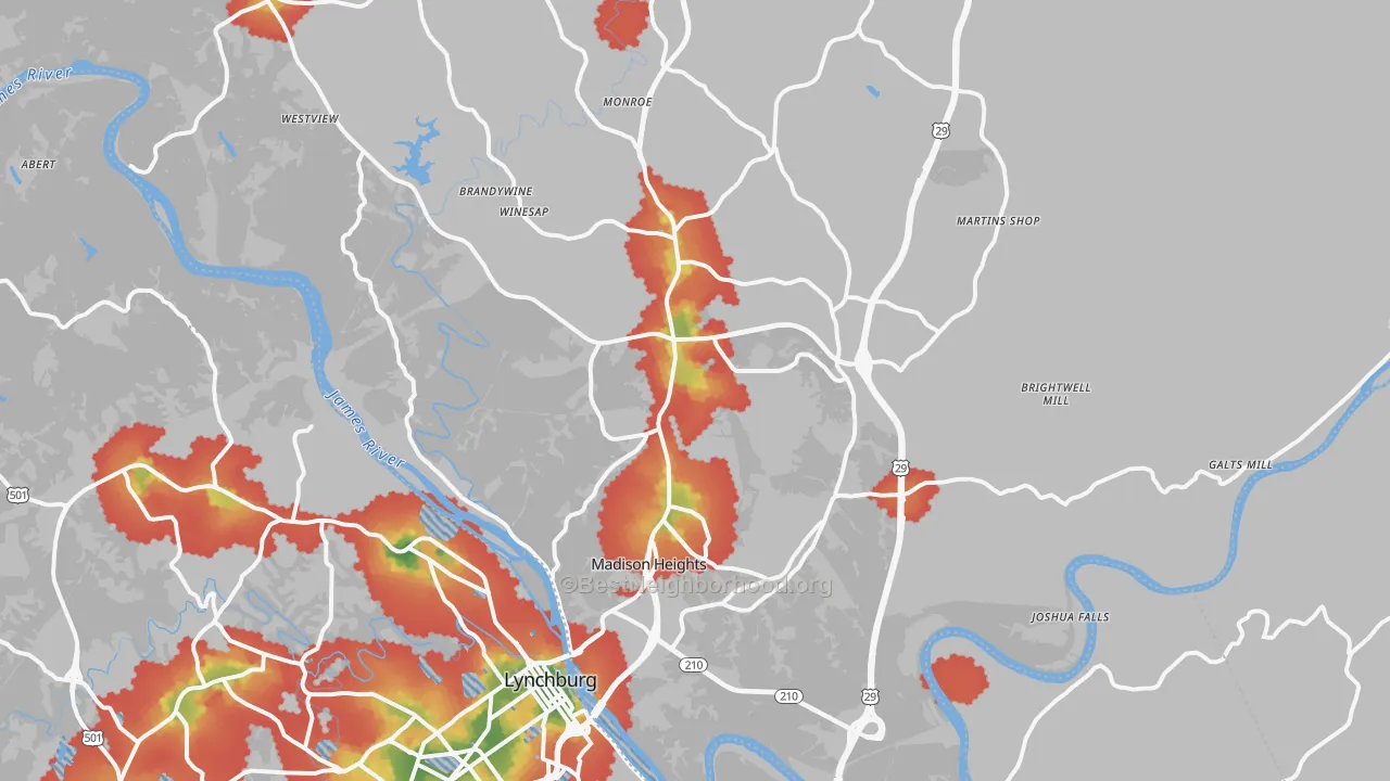 Walk Grade map of Madison Heights, VA, walkable areas in green and car-dependent areas in red