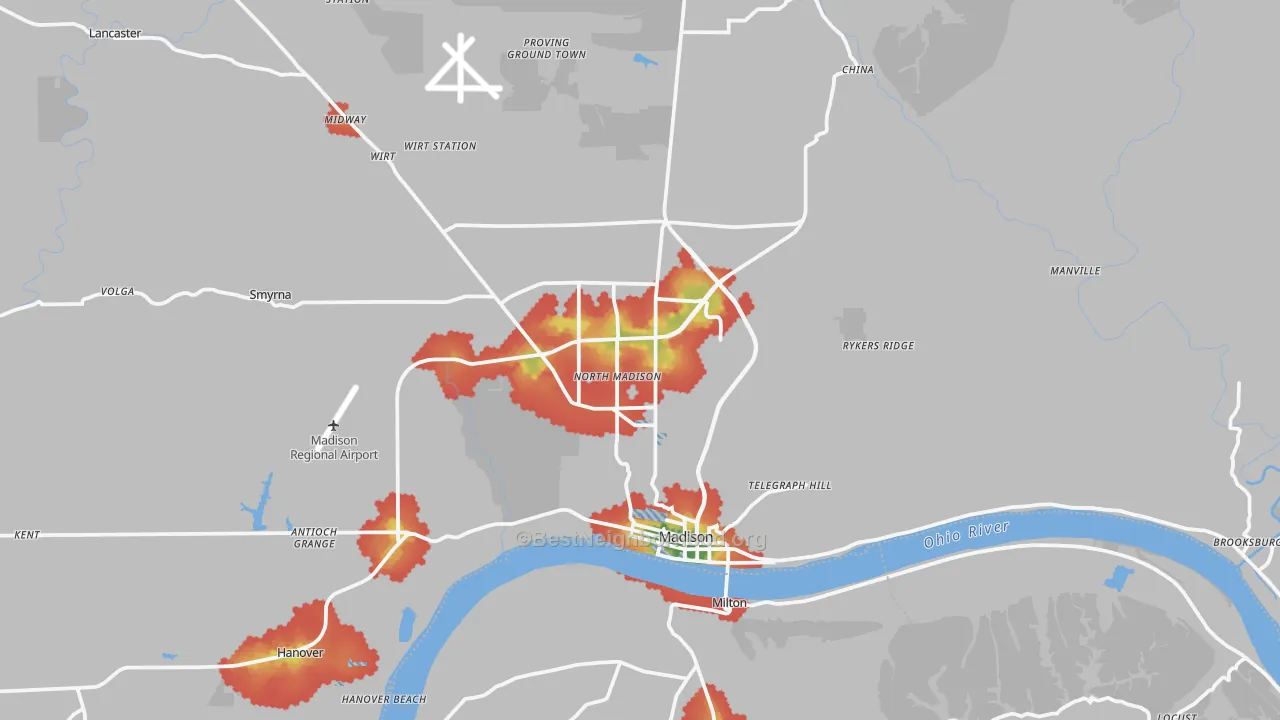 Walk Grade map of Madison, IN, walkable areas in green and car-dependent areas in red