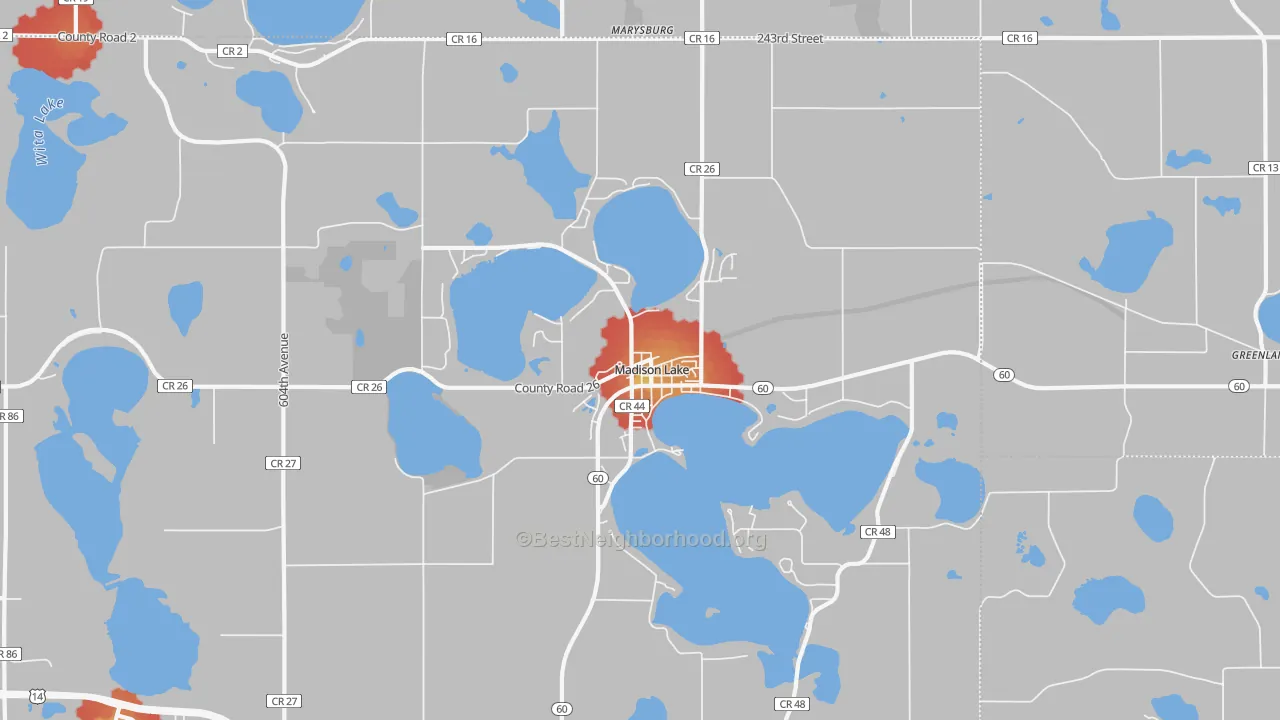 Walk Grade map of Madison Lake, MN, walkable areas in green and car-dependent areas in red