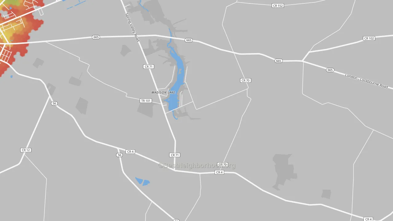 Walk Grade map of Madison Lake, OH, walkable areas in green and car-dependent areas in red