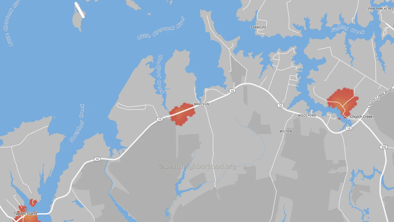 Walk Grade map of Madison, MD, walkable areas in green and car-dependent areas in red